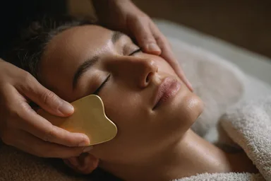 전통 도구를 활용한 얼굴 케어 장면